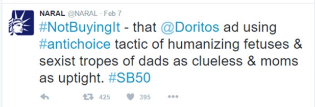 NARAL - Feb 7
#NotBuyingIt - that @Doritos ad using #antichoice tactic of humanizing fetuses & sexist tropes of dads as clueless & moms as uptight. #SB50